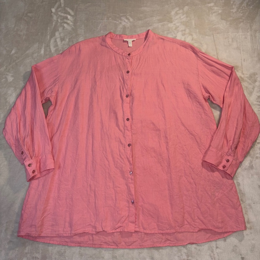 Eileen Fisher Organic Linen Mandarin Collar Button Down Tunic Pink Medium